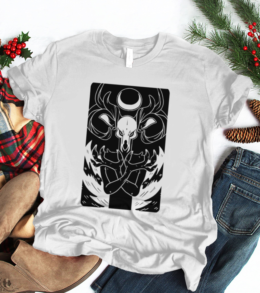 Deer Skull Antlers Crescent Moon Spirit Hands Rays Ritual Mystical Symbolism T-Shirt