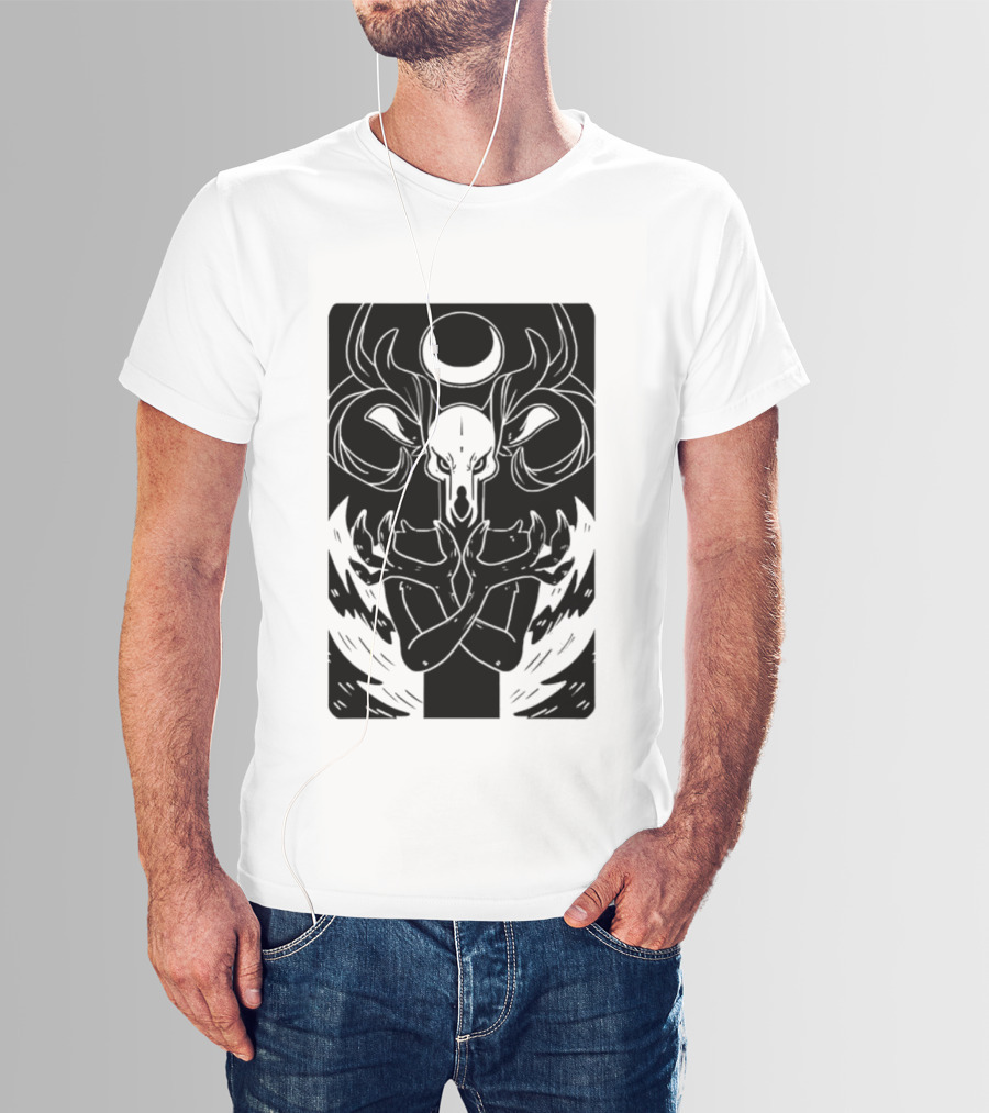 Deer Skull Antlers Crescent Moon Spirit Hands Rays Ritual Mystical Symbolism T-Shirt