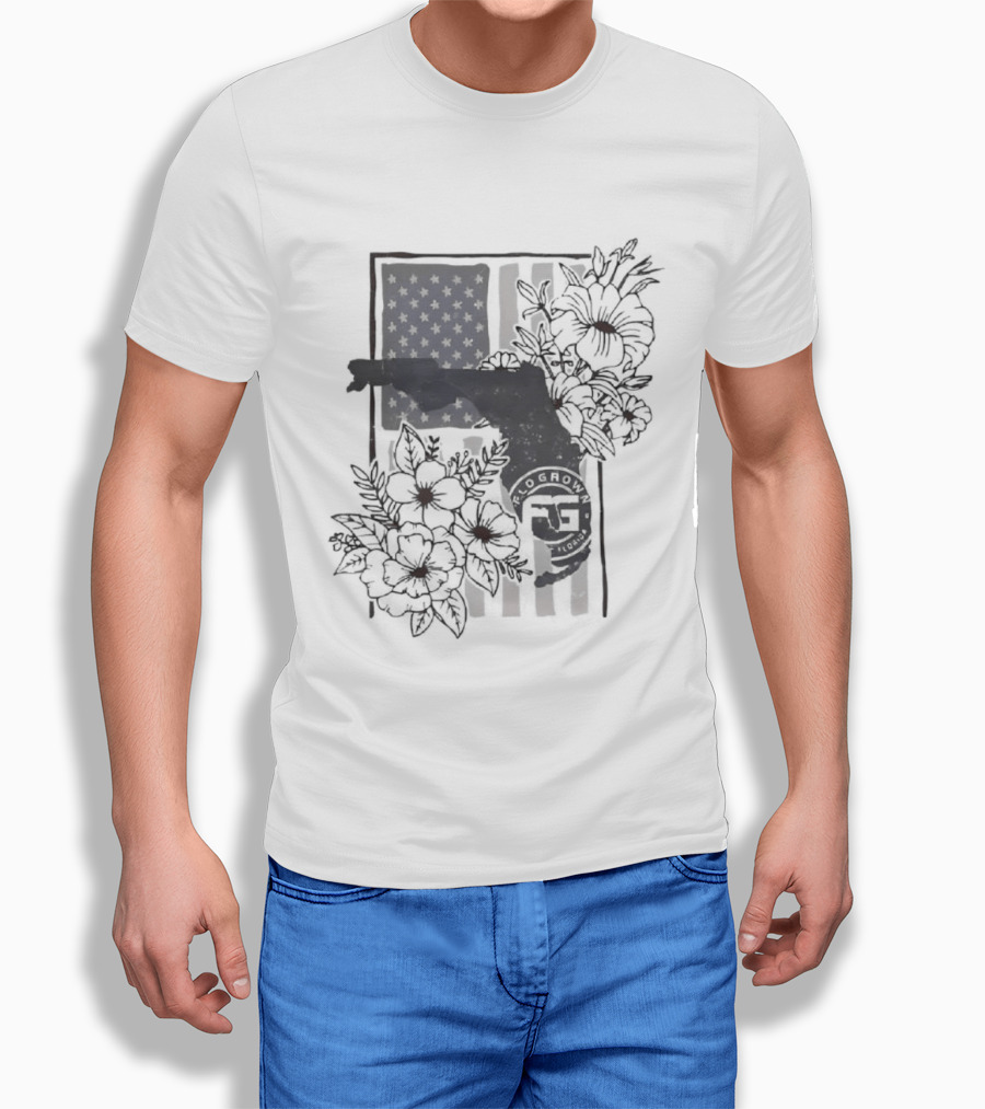 Florida State Map With American Flag Stars And Stripes Floral FLG T-Shirt