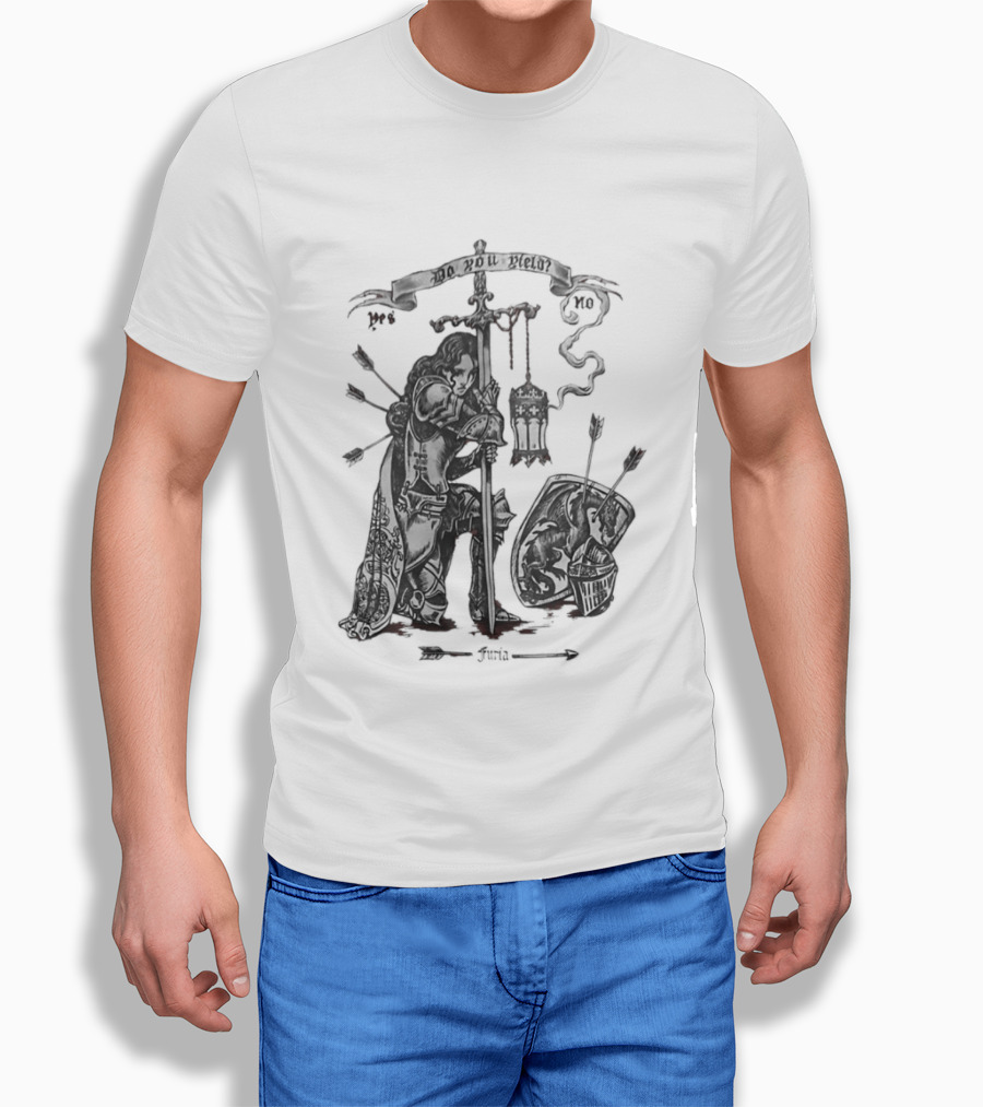 Knight Sword Shield Arrows Lantern Helmet Furia Do You Yield Yes No T-Shirt