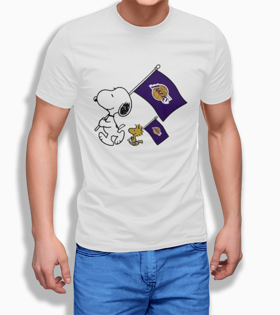 Los Angeles Lakers Snoopy And Woodstock Holding Team Flags T-Shirt