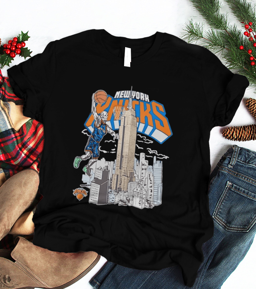 New York Knicks Skeleton Basketball Player Empire State Building Slam Dunk NBA T-Shirt