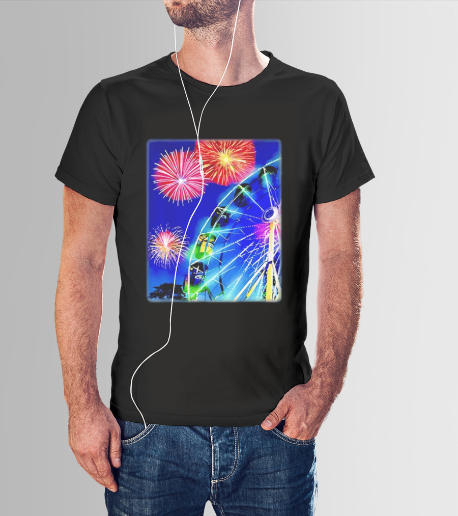 Ferris Wheel Fireworks Night Display Blue Sky T-Shirt