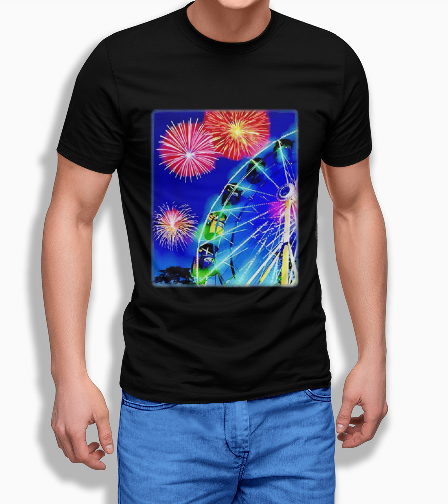 Ferris Wheel Fireworks Night Display Blue Sky T-Shirt