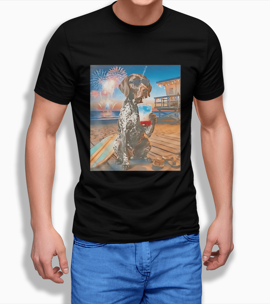 German Shorthaired Pointer Fourth Of July Fireworks Beach Party Surfboard Scene T-Shirt