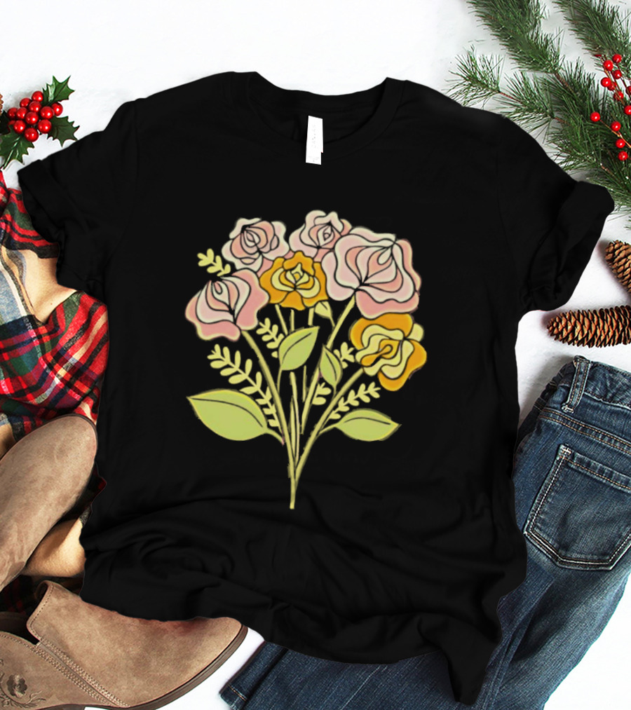 Pink Roses Yellow Roses Leaves Stems Bloom Blossom Petal Flower Plant T-Shirt
