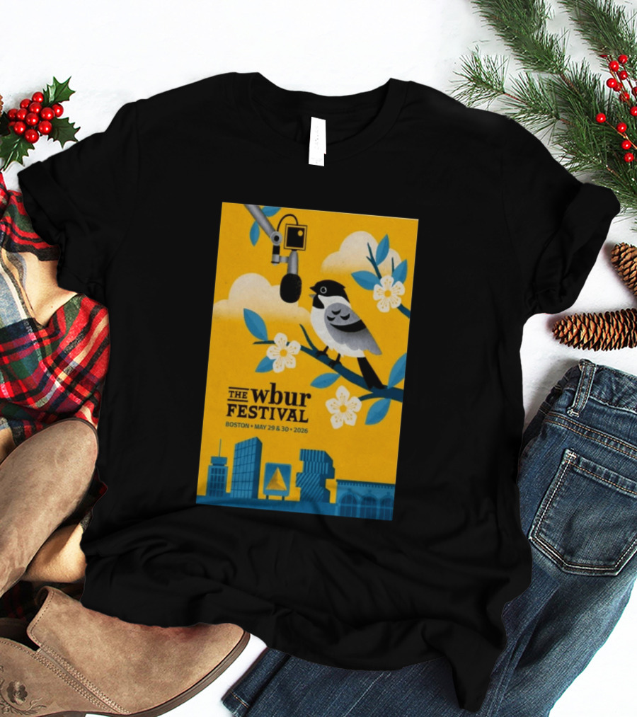 The Wbur Festival Boston 2026 Yellow Bird Microphone Urban Skyline T-Shirt