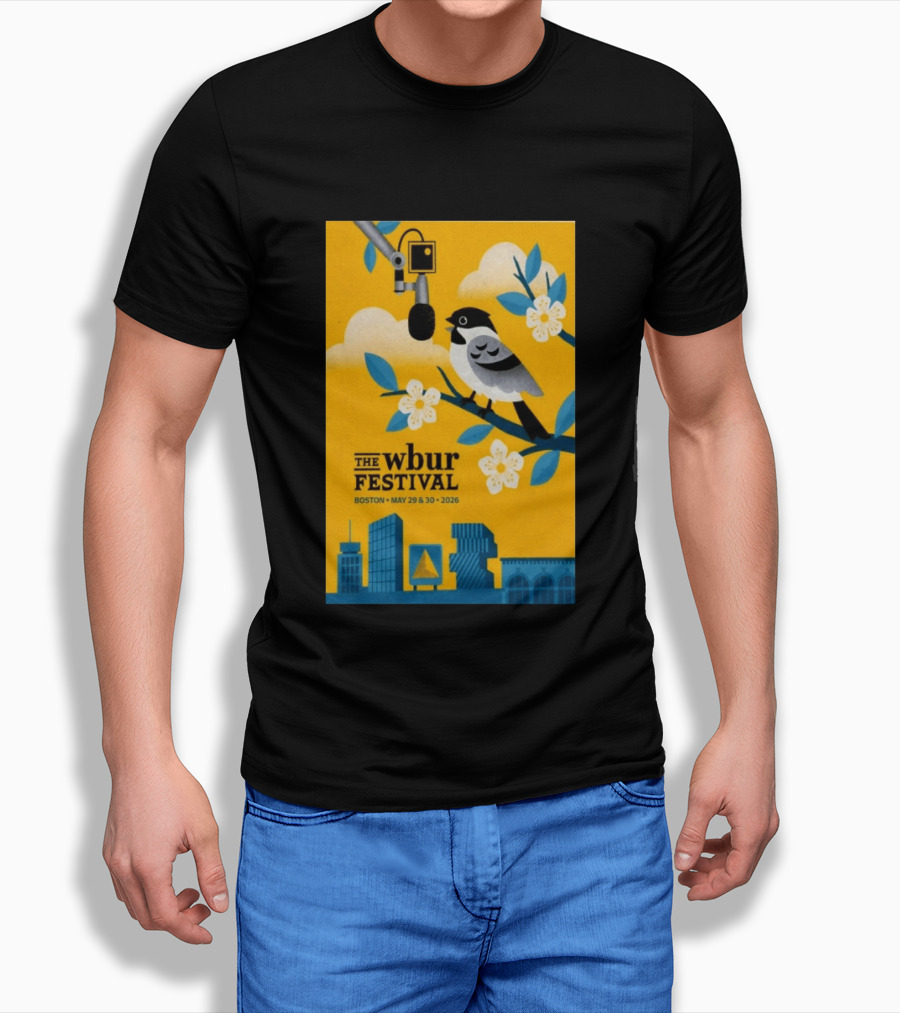 The Wbur Festival Boston 2026 Yellow Bird Microphone Urban Skyline T-Shirt