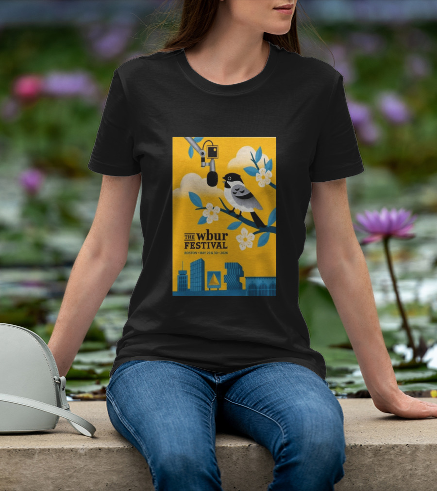 The Wbur Festival Boston 2026 Yellow Bird Microphone Urban Skyline T-Shirt