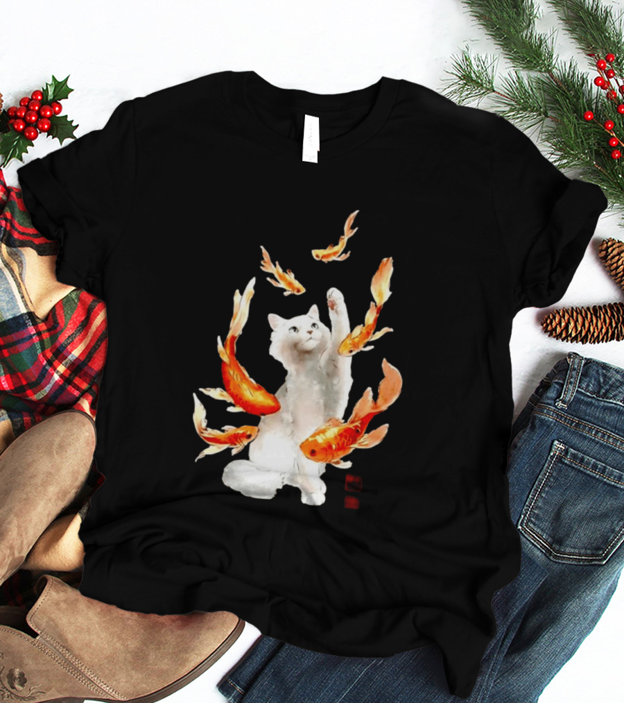 Playful White Cat Surrounded By Goldfish T-Shirt