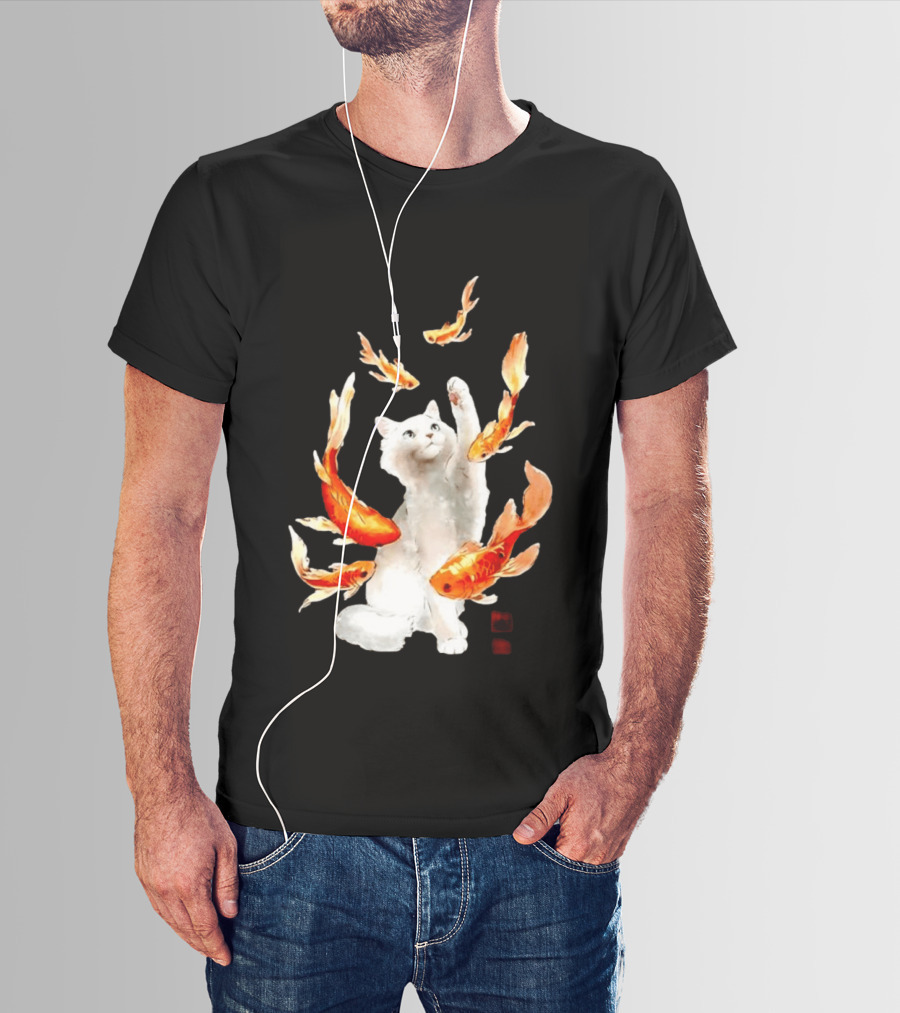 Playful White Cat Surrounded By Goldfish T-Shirt