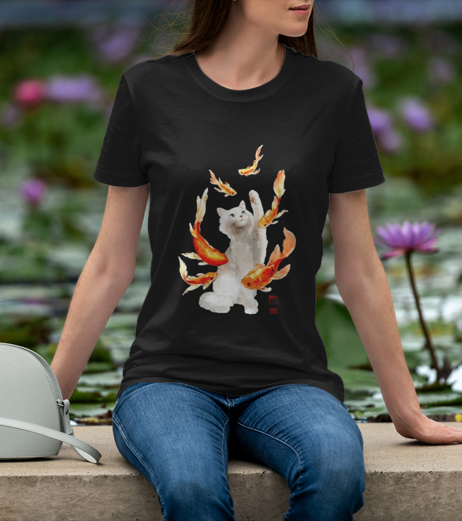 Playful White Cat Surrounded By Goldfish T-Shirt