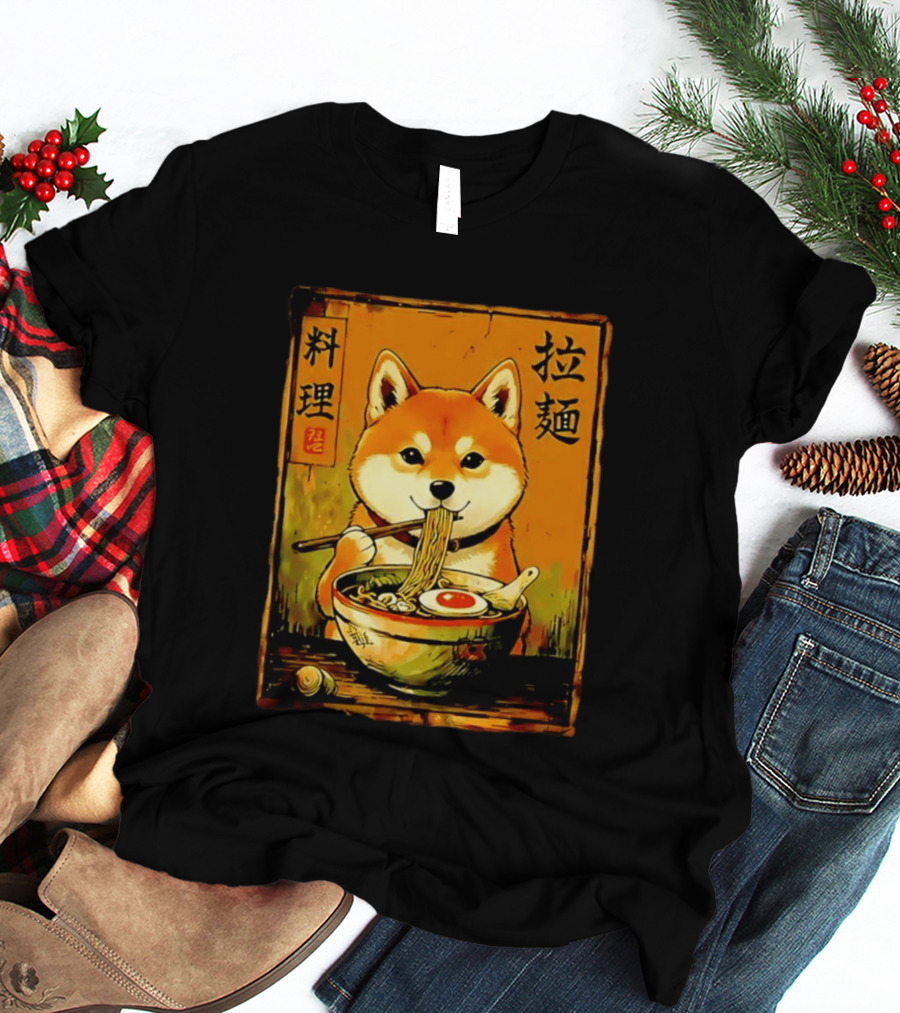 Shiba Inu Ramen Noodles Japanese Kanji T-Shirt