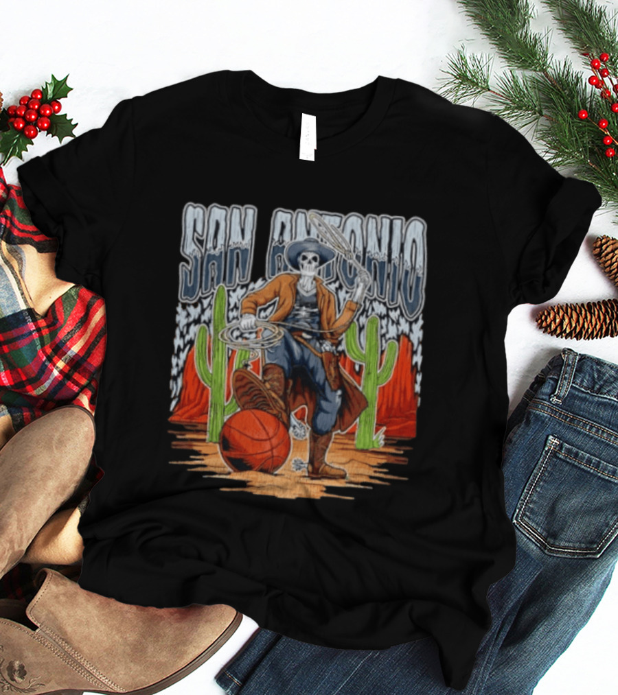 San Antonio Skeleton Cowboy With Basketball And Cactus Scene T-Shirt
