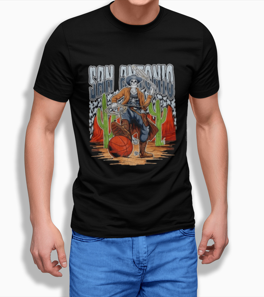 San Antonio Skeleton Cowboy With Basketball And Cactus Scene T-Shirt