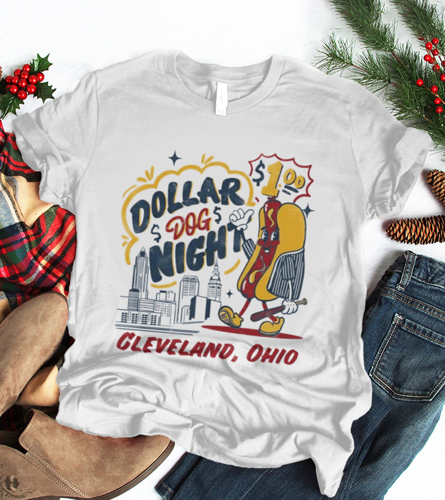 Cleveland Ohio Dollar Dog Night Baseball Skyline Hot Dog 1 Dollar T-Shirt