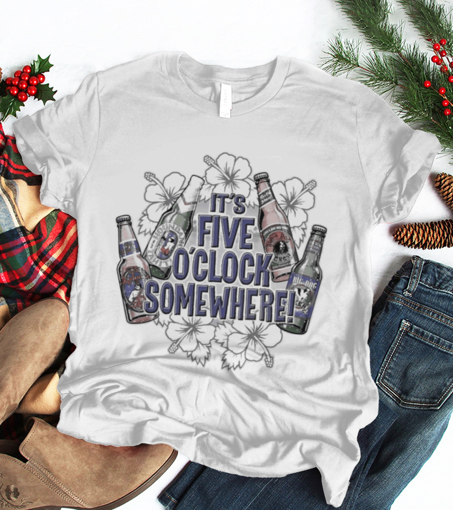 It's Five O' Somewhere Beer Bottles And Tropical Flowers T-Shirt