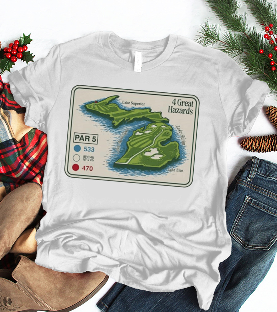 Michigan Golf Par 5 Course Map With 4 Great Hazards Lake Superior Huron Erie T-Shirt