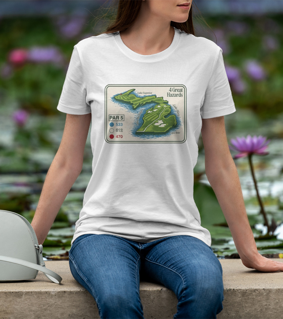 Michigan Golf Par 5 Course Map With 4 Great Hazards Lake Superior Huron Erie T-Shirt