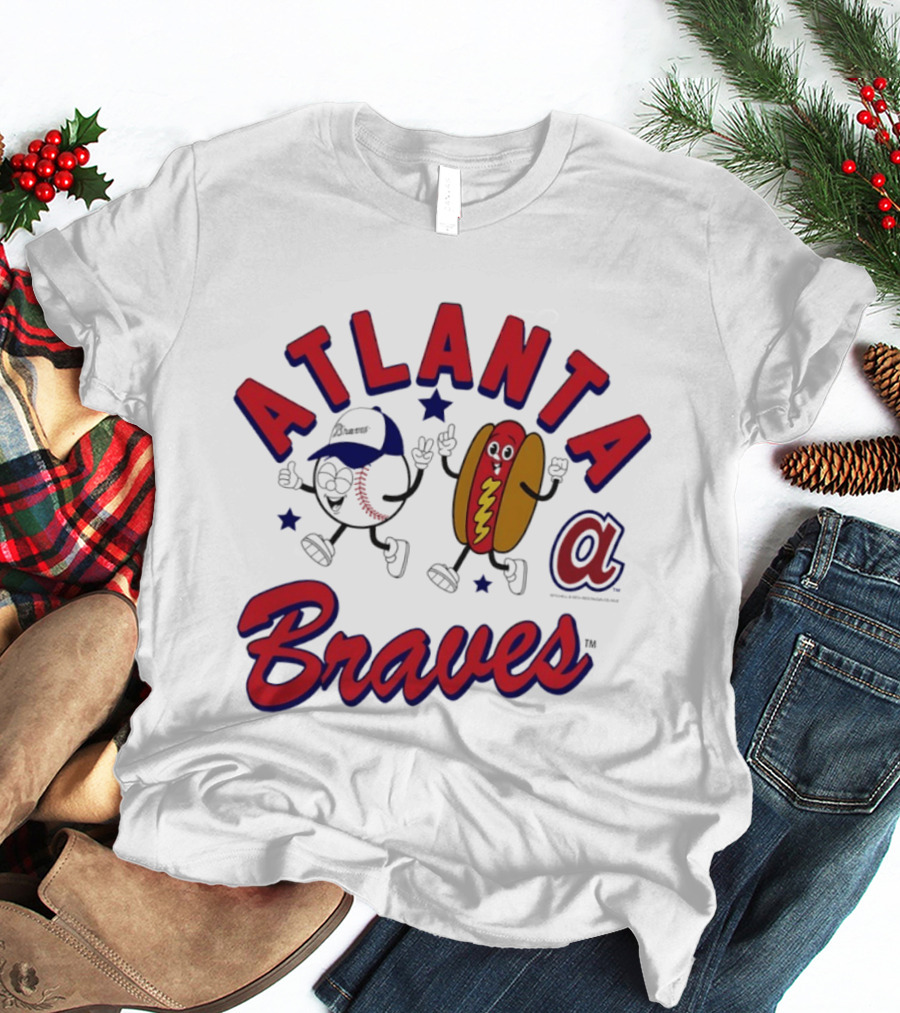 Atlanta Braves Baseball Character With Hot Dog Snack And Team Spirit T-Shirt