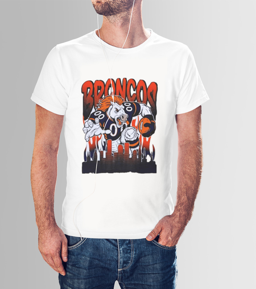 Denver Broncos Football Bronco Running Horse Skyline T-Shirt