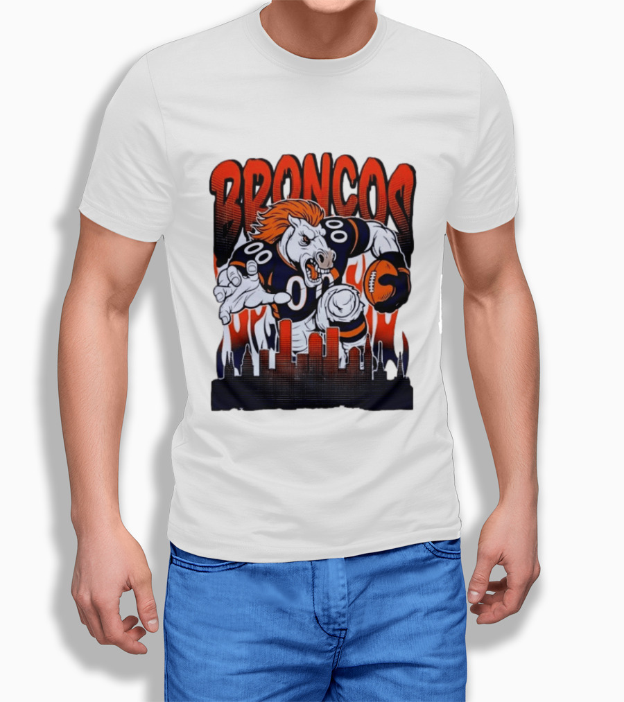 Denver Broncos Football Bronco Running Horse Skyline T-Shirt