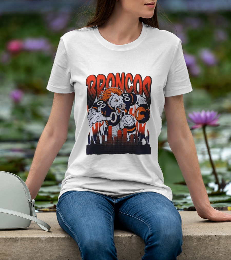 Denver Broncos Football Bronco Running Horse Skyline T-Shirt