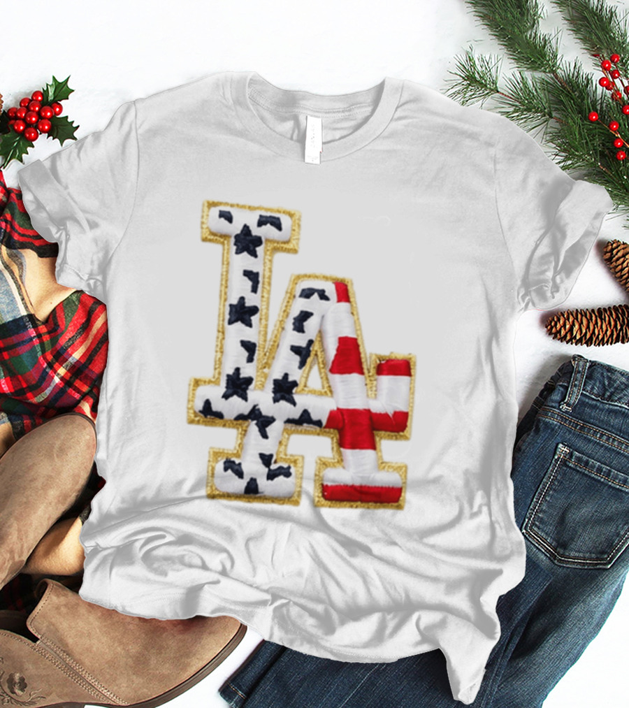 Dodgers LA 250th Anniversary Stars And Stripes Gold Trim Patch T-Shirt
