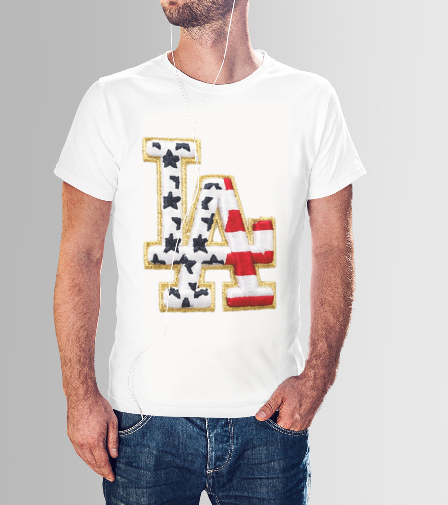 Dodgers LA 250th Anniversary Stars And Stripes Gold Trim Patch T-Shirt