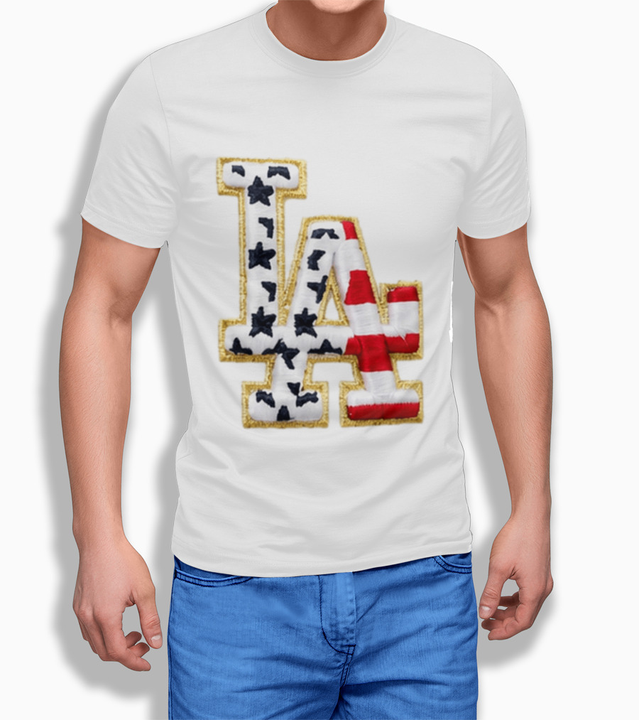 Dodgers LA 250th Anniversary Stars And Stripes Gold Trim Patch T-Shirt