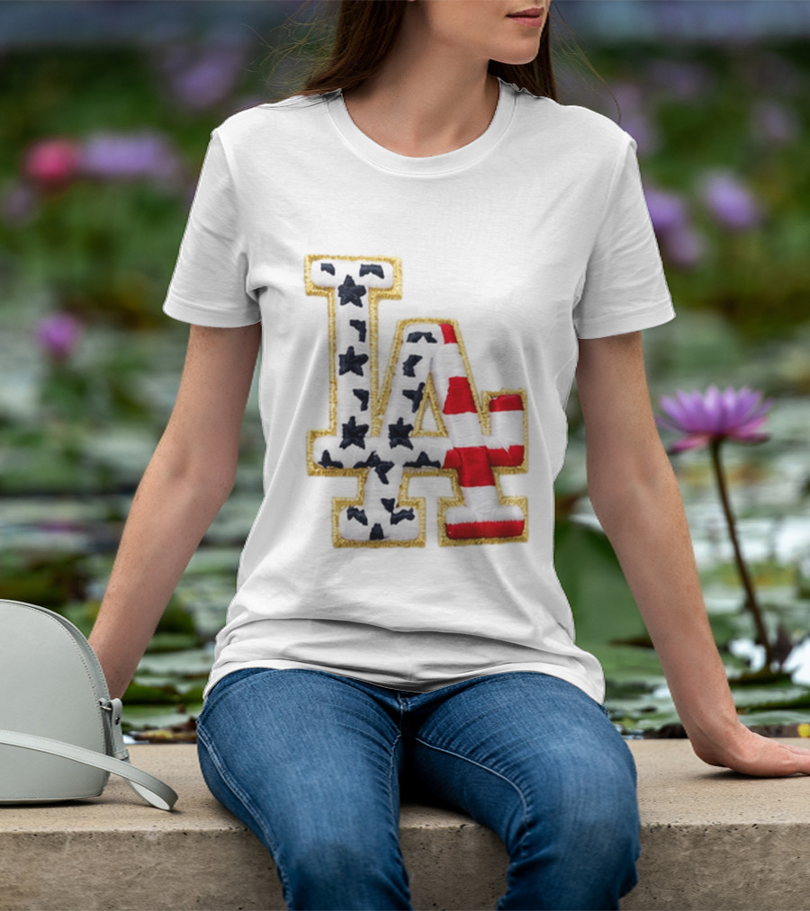 Dodgers LA 250th Anniversary Stars And Stripes Gold Trim Patch T-Shirt