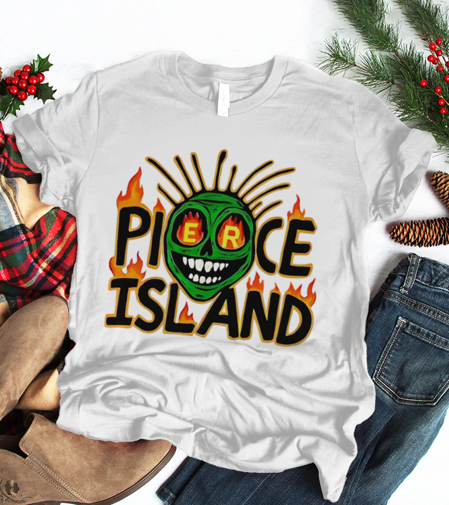 Pierce Island Green Skull Flames Spooky Island T-Shirt