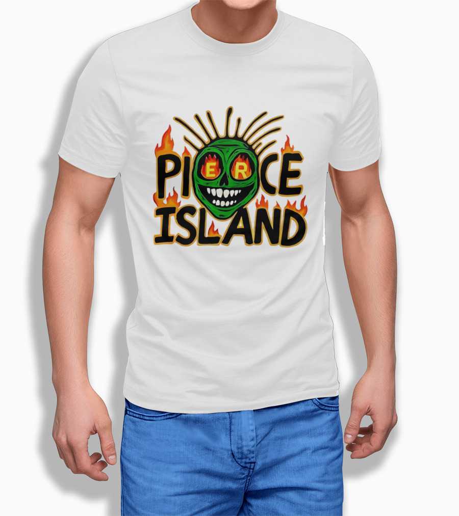 Pierce Island Green Skull Flames Spooky Island T-Shirt