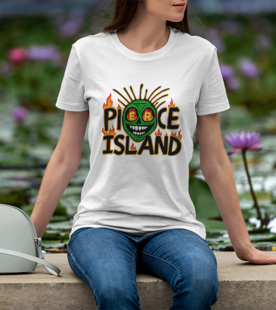 Pierce Island Green Skull Flames Spooky Island T-Shirt