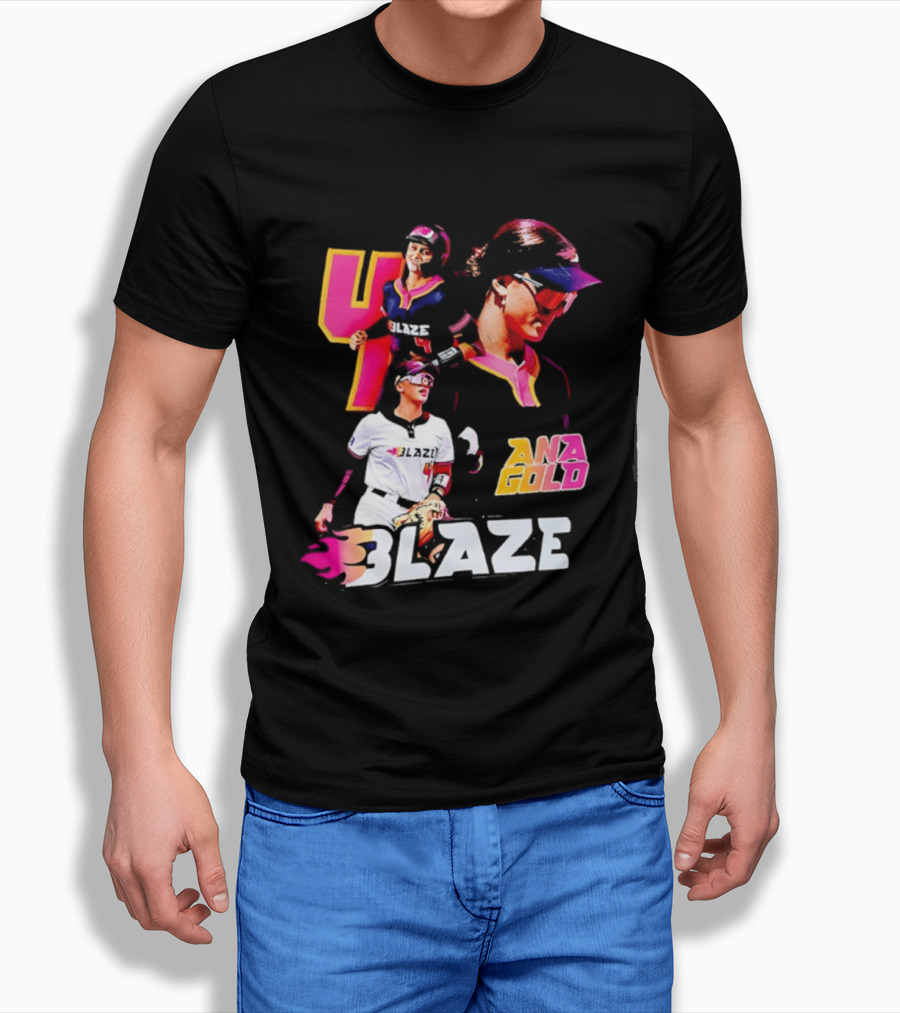 Blaze Ana Gold Softball Player Number 4 Action Collage T-Shirt