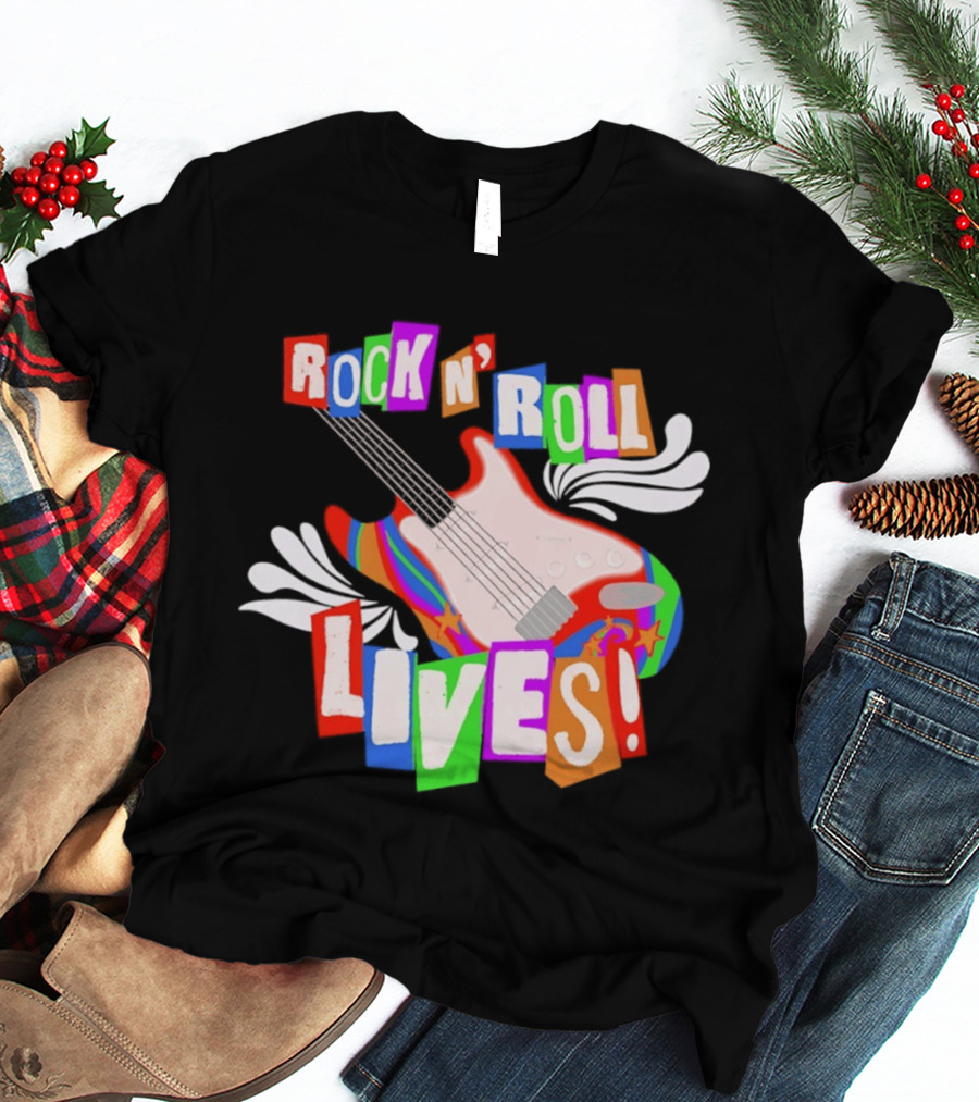 Rock N' Roll Lives Colorful Electric Guitar T-Shirt