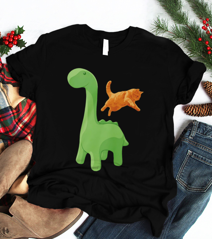 Cat Jumping Over Green Dinosaur Cartoon Image T-Shirt