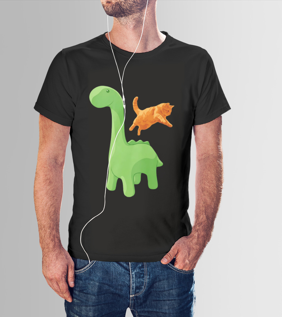 Cat Jumping Over Green Dinosaur Cartoon Image T-Shirt
