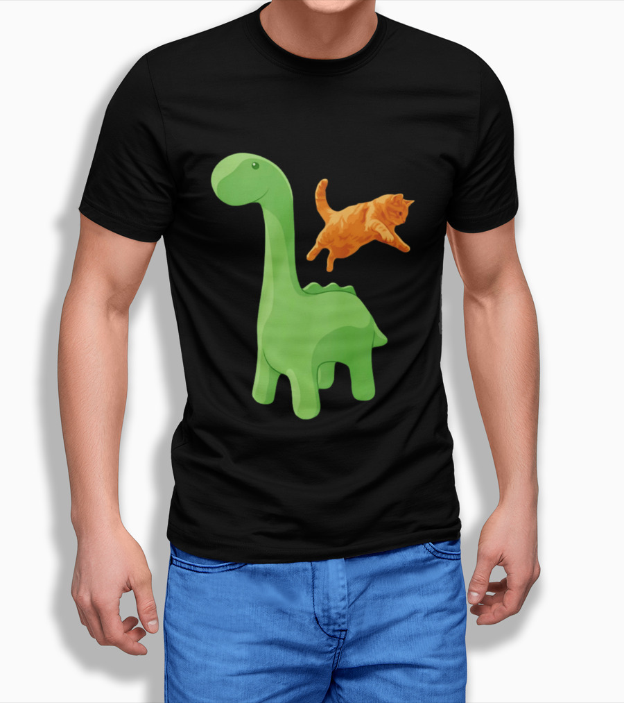 Cat Jumping Over Green Dinosaur Cartoon Image T-Shirt