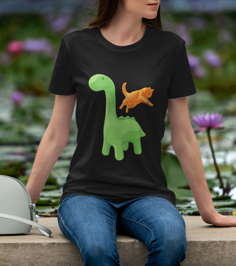 Cat Jumping Over Green Dinosaur Cartoon Image T-Shirt