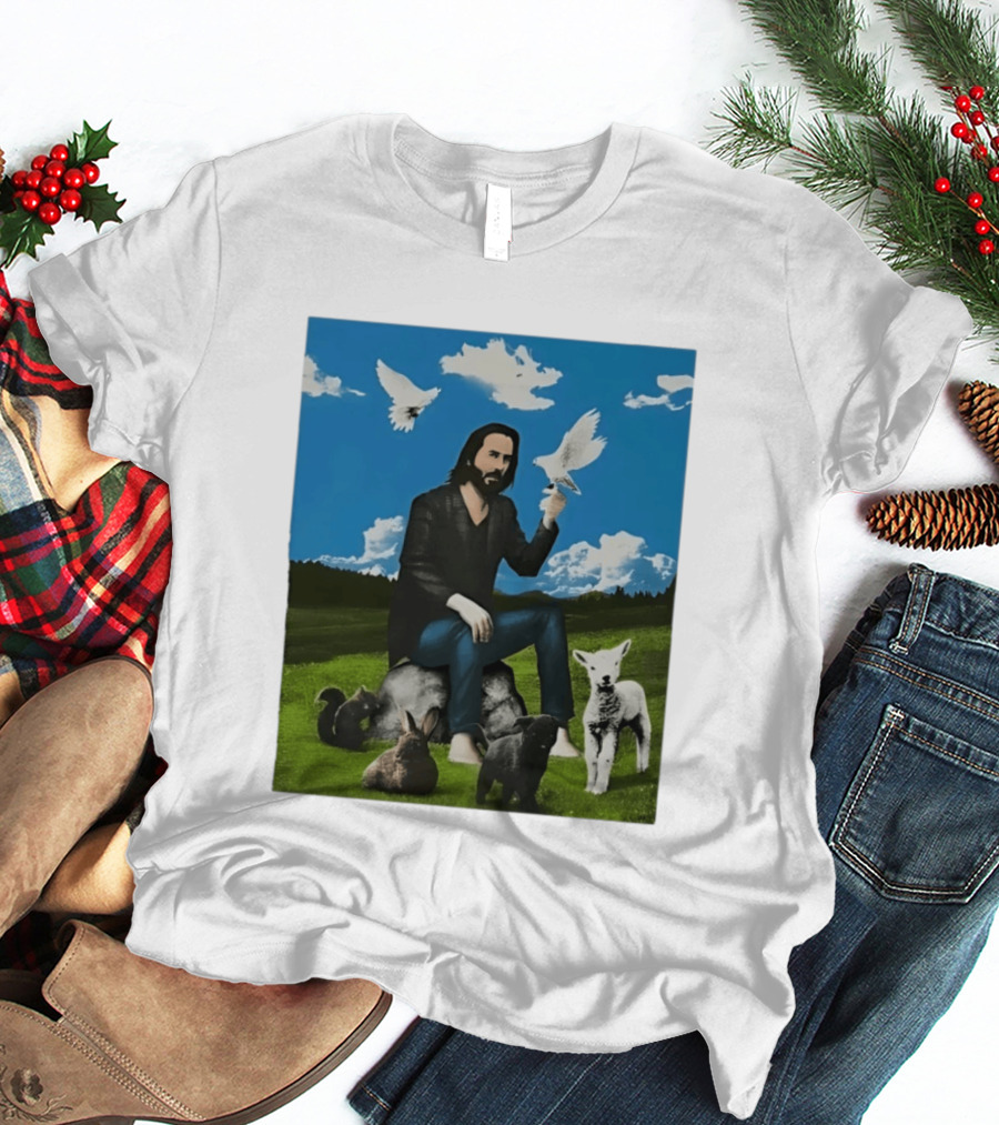 Keanu Reeves Peaceful Meadow With Animals And Doves T-Shirt