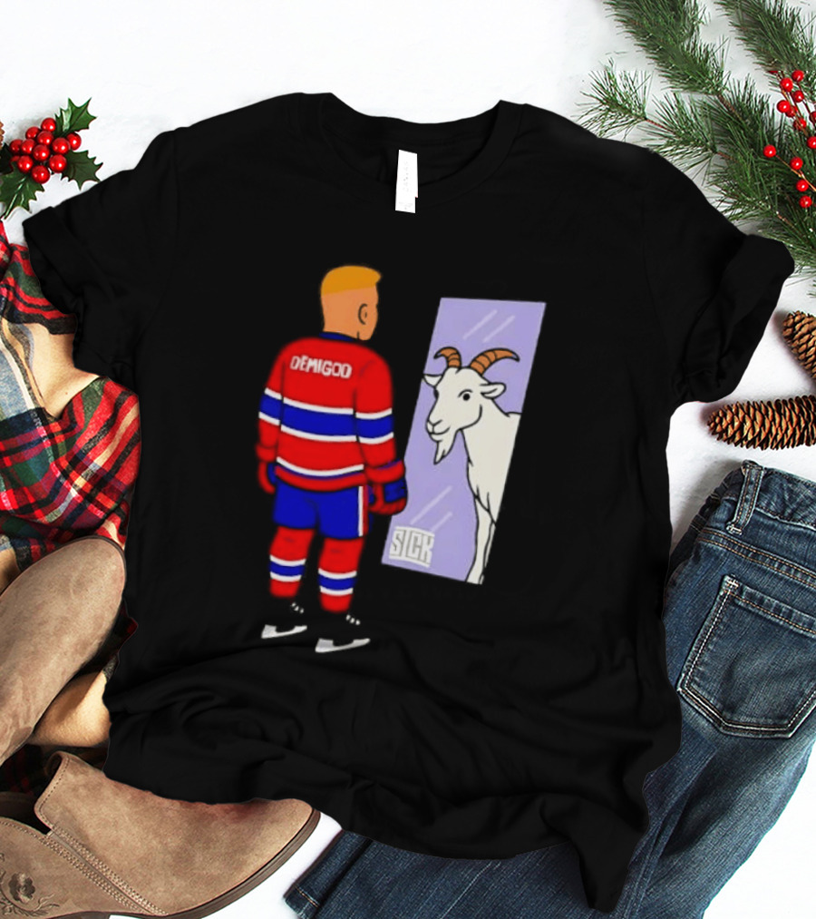Demigod Hockey Player Looking In Mirror With Goat Reflection T-Shirt