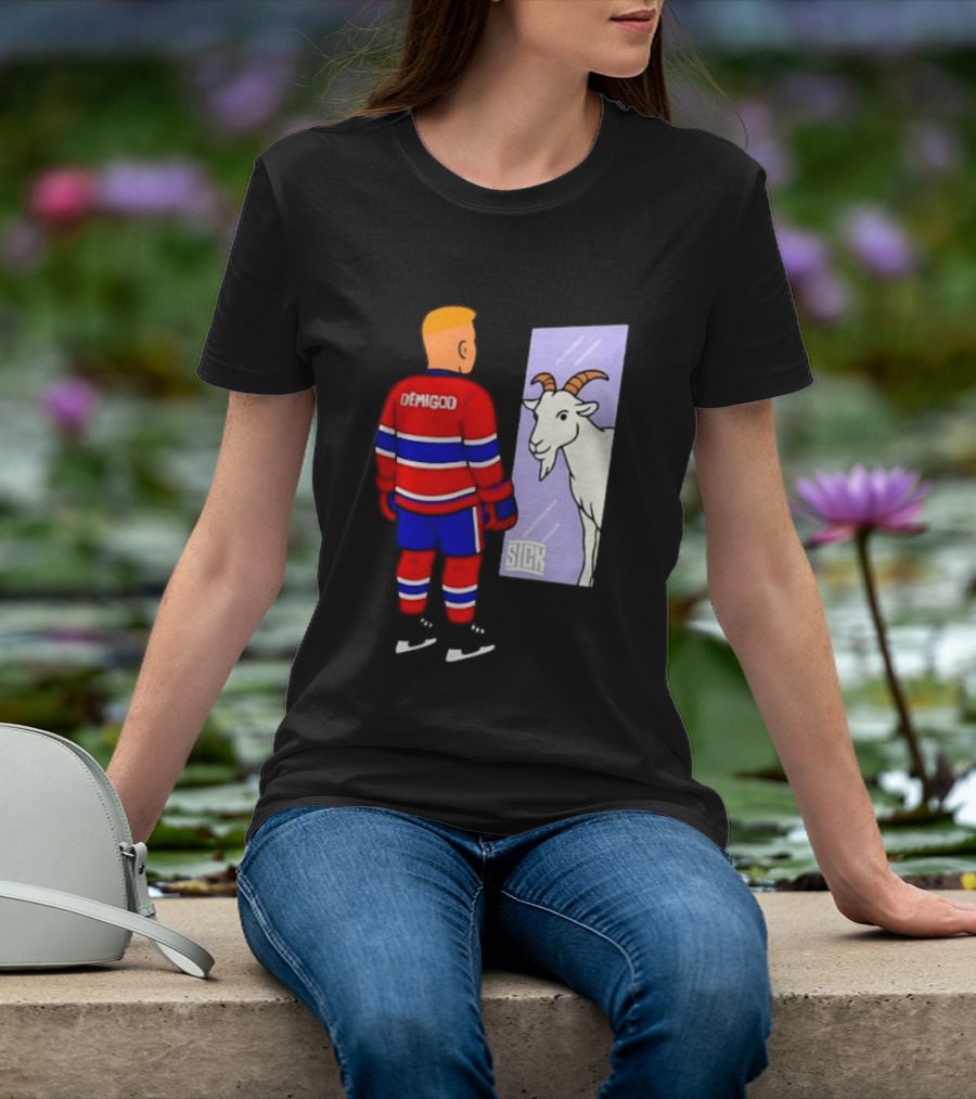 Demigod Hockey Player Looking In Mirror With Goat Reflection T-Shirt