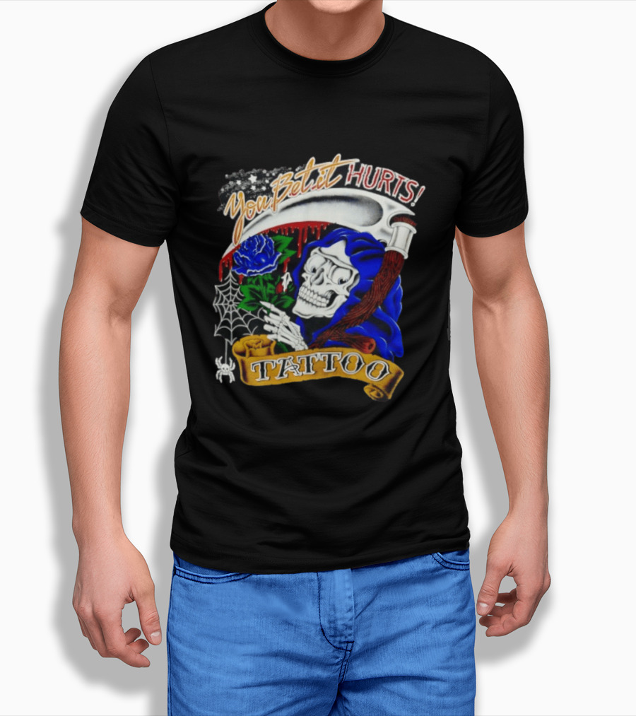 You Bet It Hurts Skeleton Rose Tattoo Spider Web T-Shirt