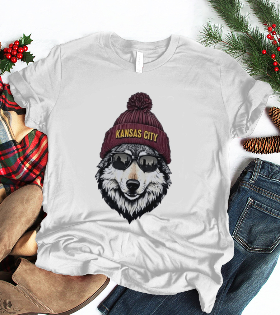 Kansas City Wolf Beanie Sunglasses Cityscape T-Shirt