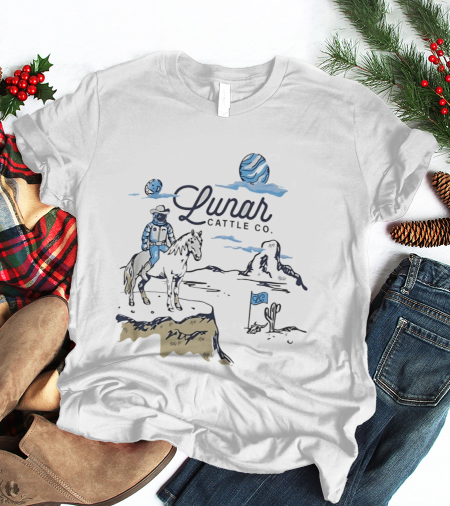 Lunar Cattle Co Astronaut Cowboy On Horseback With Planet And Flag T-Shirt