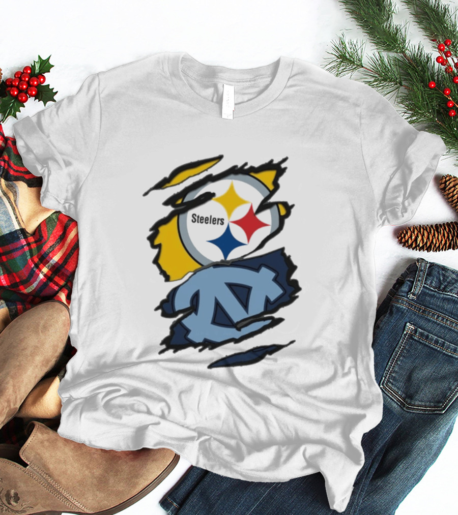 Pittsburgh Steelers UNC Tar Heels Ripped Metal Effect Logo Fusion T-Shirt