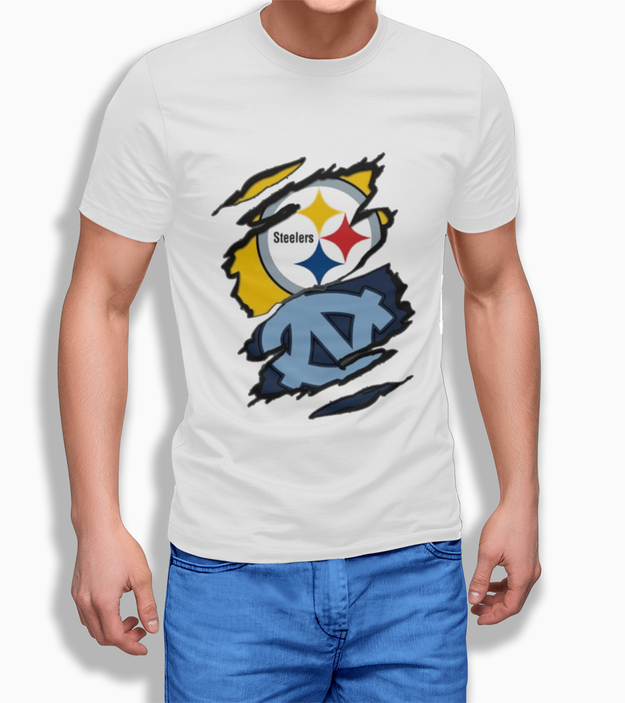 Pittsburgh Steelers UNC Tar Heels Ripped Metal Effect Logo Fusion T-Shirt