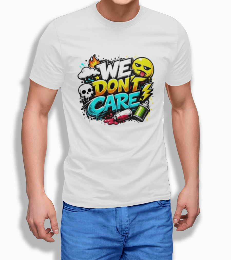 We Don't Care Graffiti Emojis Fire Cloud Lightning Skull T-Shirt
