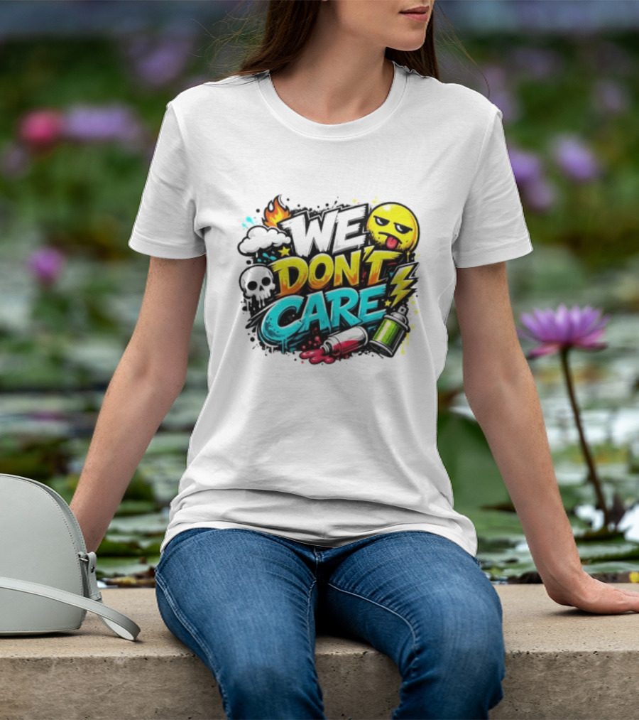 We Don't Care Graffiti Emojis Fire Cloud Lightning Skull T-Shirt